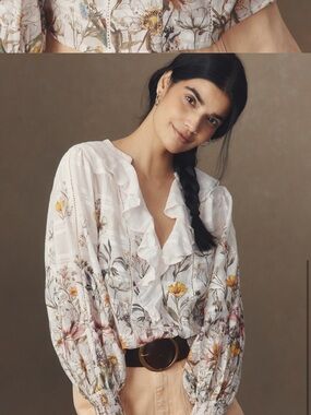 Anthropologie White Floral Ruffle V-Neck Blouse with Yellow & Pink Flowers XL